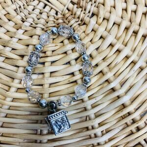 Silver Prayer Box Bracelet Clear Glass Beads